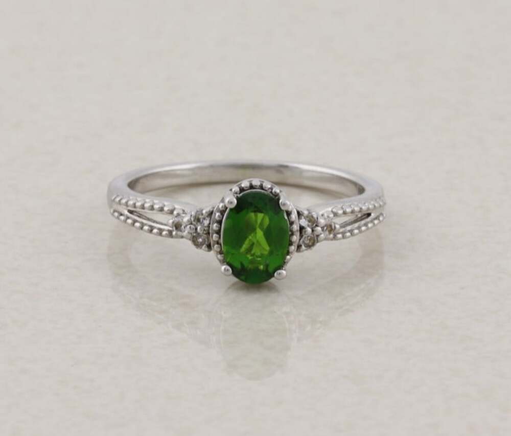 Sterling Silver Natural Green Tourmaline & White Zircon Ring Size 8